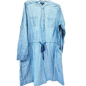 LAND'S END Striped Cotton Blue Denim Shirt Dress Size 16 Fall Casual Roll Sleeve